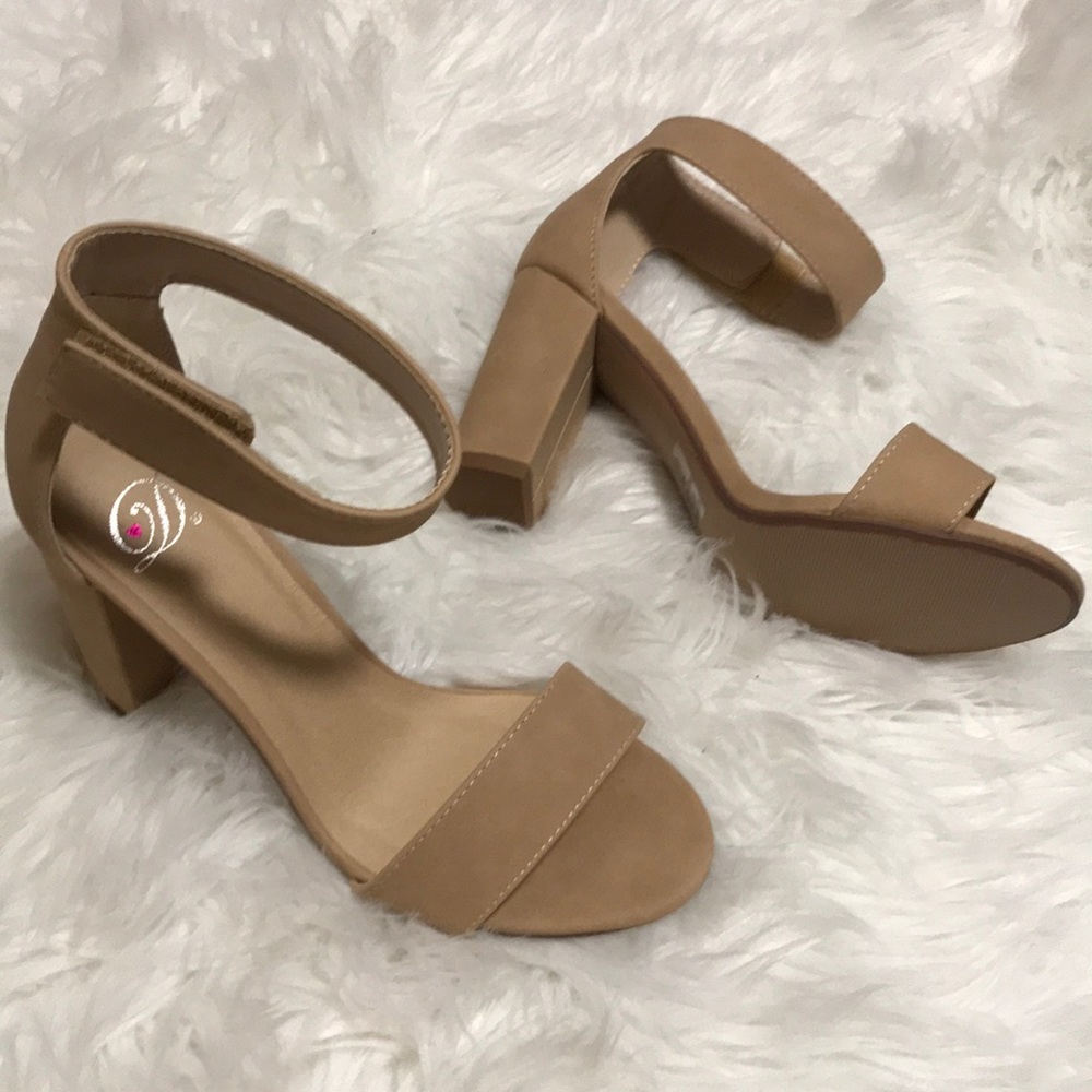 Nude chunky heel Velcro ankle strap sandals
